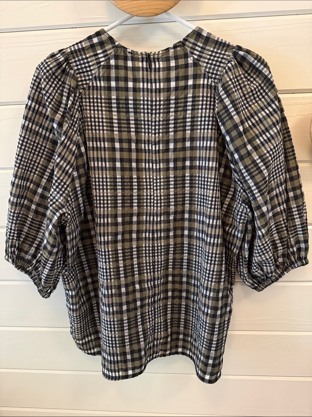 Ganni Textured Flirty Plaid Puff-Sleeve Top - Picture 2 of 4